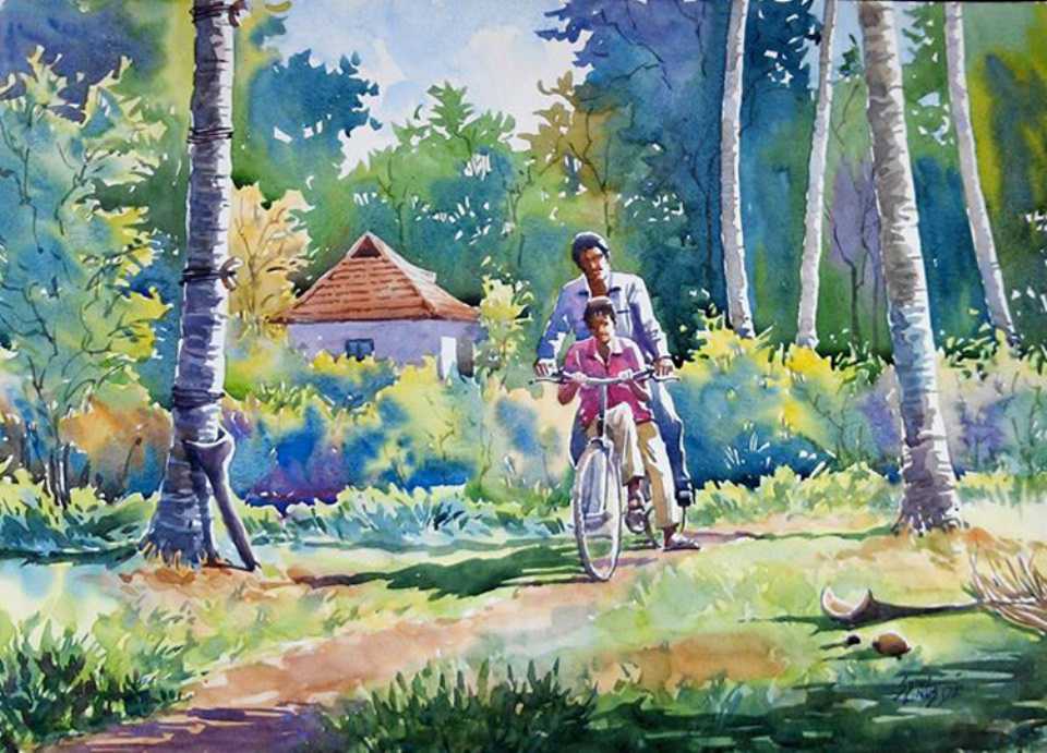 960x691 Village Road Watercolor Painting Sunil - Water Color Painting Pictures