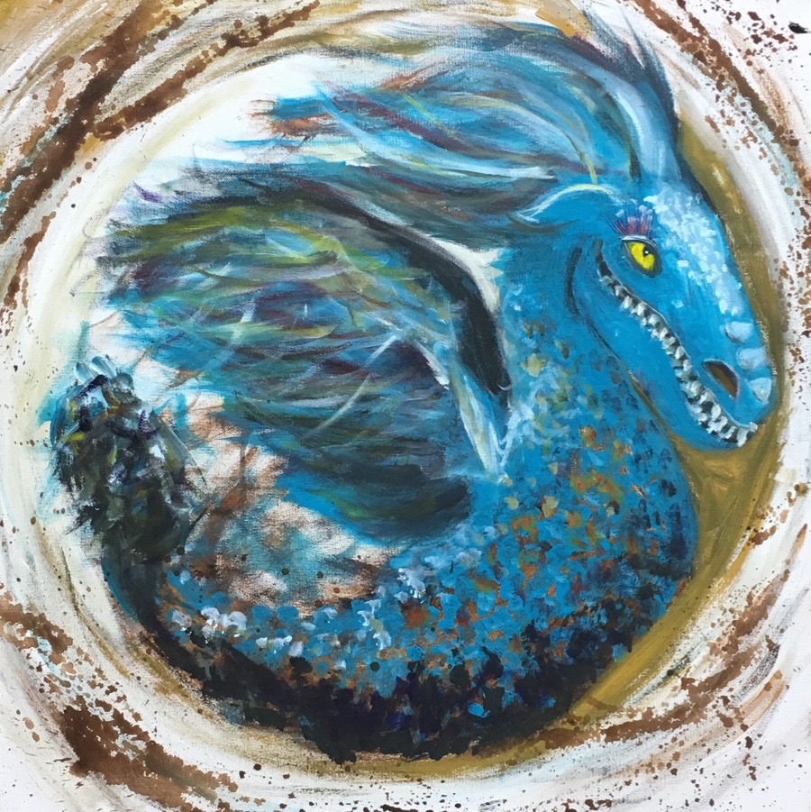 900x901 Teal Water Dragon From Cafe Mug Bottom Acrylic Painting - Water Dragon Painting