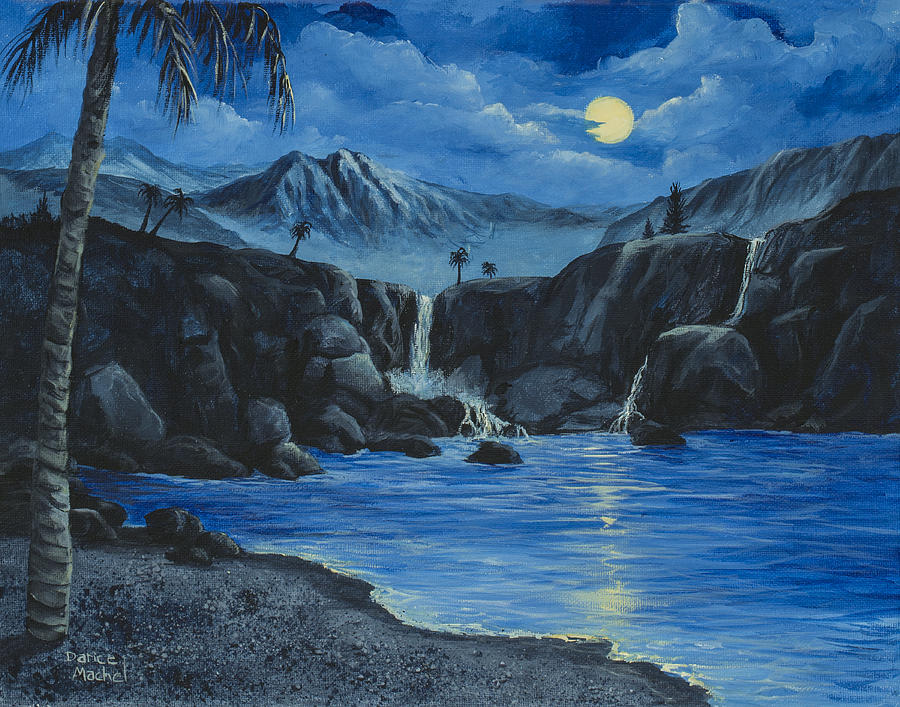 900x707 Moonlight And Waterfalls Painting By Darice Machel Mcguire - Water Falls Painting