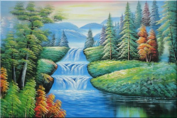 612x408 Water Falls In Green Spring With Forest And Mountain Oil Painting - Water Falls Painting