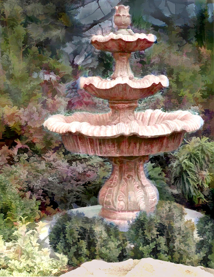 695x900 Water Fountain In The Forest Painting By Elaine Plesser - Water Fountain Painting