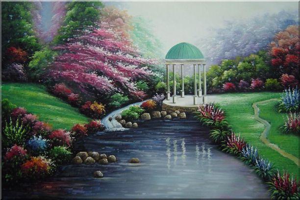 612x408 Small Pavilion In Beautiful Water Garden With Flowers Oil Painting - Water Garden Painting