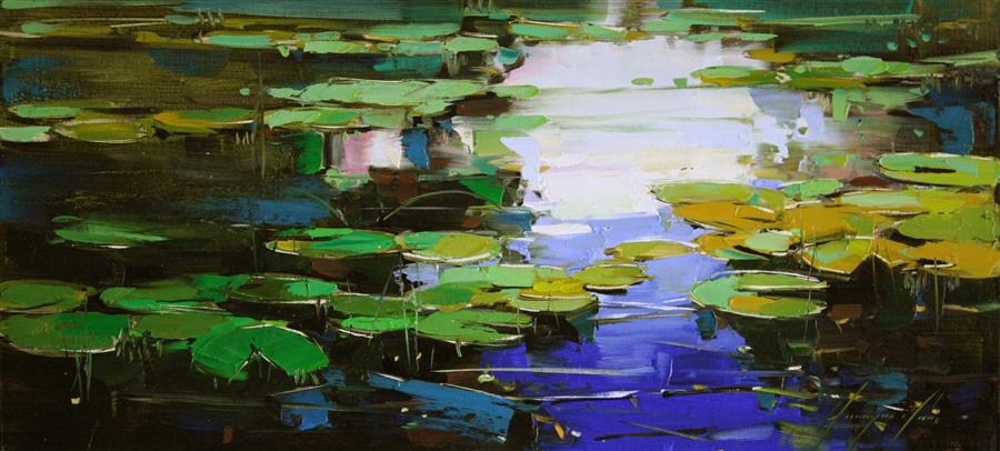 900x406 Water Lilies Pond, Huntington Park Vahe Yeremyan - Water Lily Oil Painting