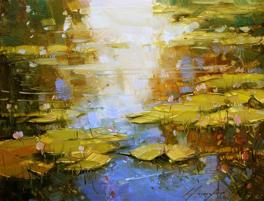 900x685 Water Lilies In Huntington Park By Vahe Yeremyan Art - Water Lily Oil Painting