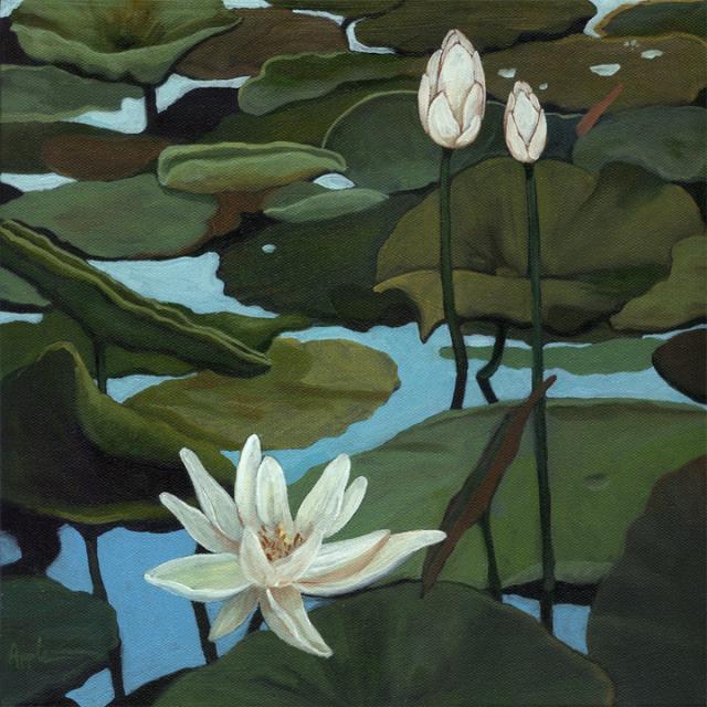 640x640 Water Lilies In Pond Realism Landscape,lily Blossoms Original Oil - Water Lily Oil Painting