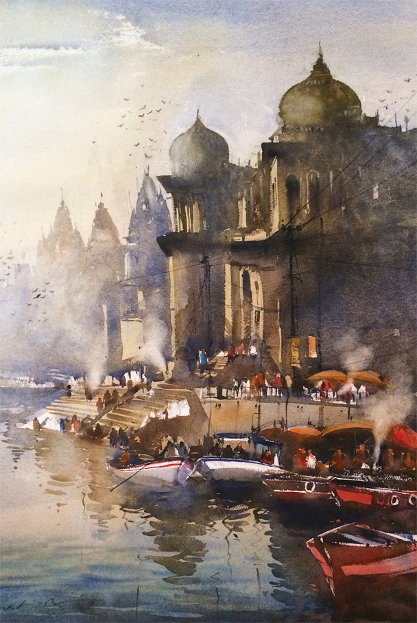608x909 Watercolor Art Online Varanasi Ghats Painting - Water Painting