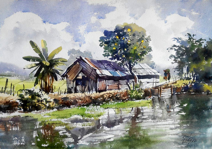 690x484 Back Water 2 By Artist Sunil Linus De Impressionism, Painting - Water Painting