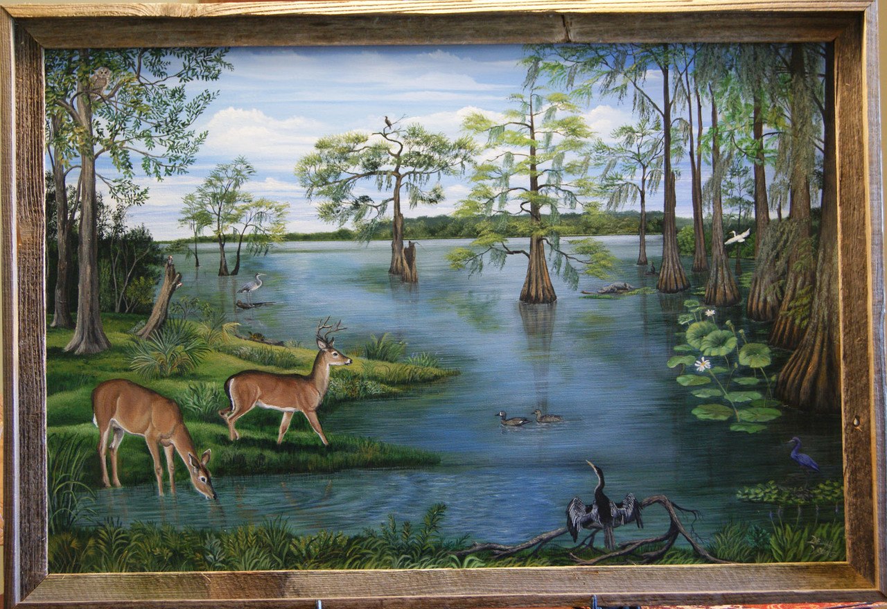 1280x879 Louisiana Lake As The Deer Pants For The Water Medium Print - Water Painting A Buck