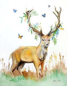236x301 Ooak Original Watercolor Outing With Deer 8x10,fox, Rabbit, Bunny - Water Painting A Buck