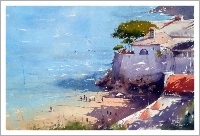 800x544 The Beach By Artist Amit Kapoor Cityscape Art Watercolor Paintings - Water Painting Art