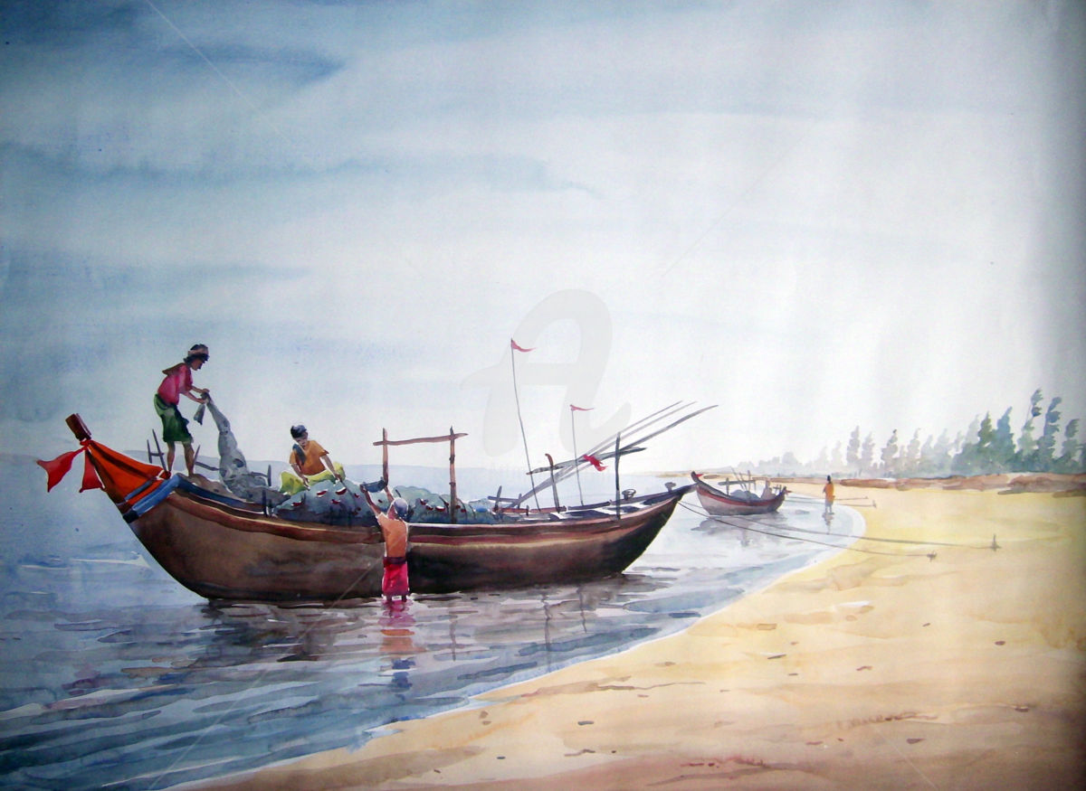 1200x875 Fishermen Amp Fishing Boats Watercolor On Paper (Samiran Sarkar) - Water Painting Artist