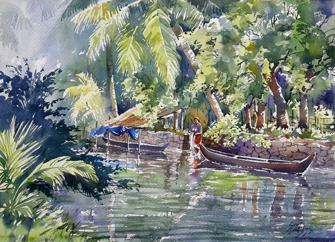 690x499 Back Water 1 By Artist Sunil Linus De Impressionism, Painting - Water Painting Artist