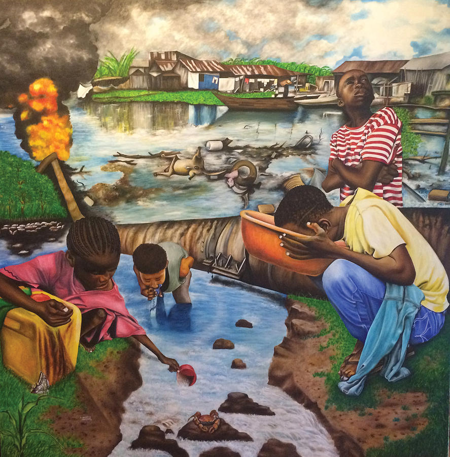 887x900 Oil Africans' Wealth And Woe Painting By O Yemi Tubi - Water Pollution Painting