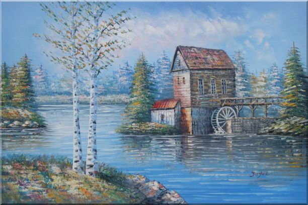612x408 Water Wheel House On River Oil Painting Landscape Autumn - Water Wheel Painting