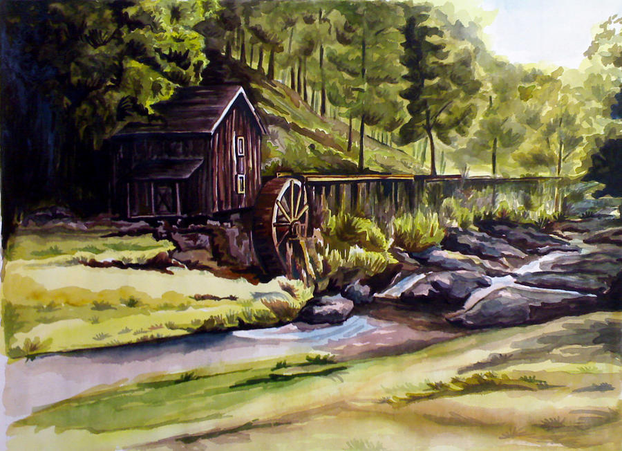 900x652 Water Wheel On The Valley Painting By Bibin Mathew - Water Wheel Painting