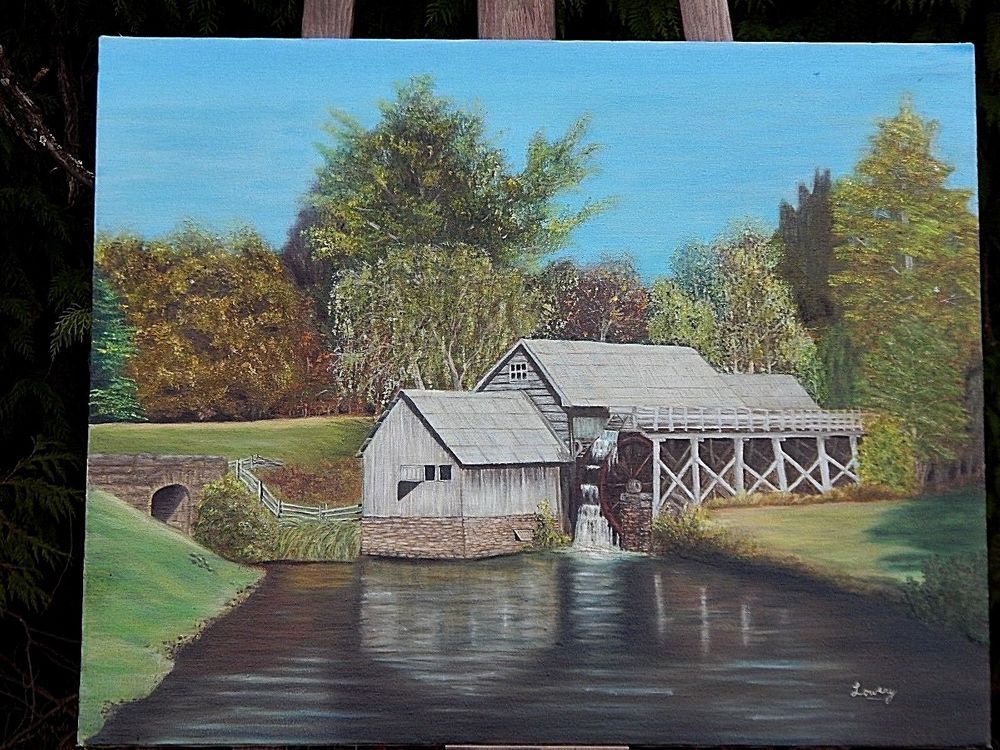 1000x750 Old Barn And New England Water Wheel Painting, Original Signed - Water Wheel Painting