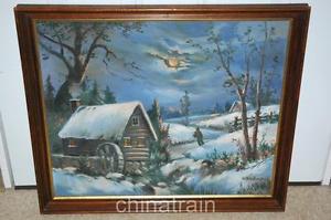 300x199 Original Oil Painting Water Wheel Mill Moonlit Winter Night W Duke - Water Wheel Painting