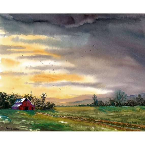 570x570 Items Similar To Barn Painting Watercolor Landscape Painting - Watercolor Barn Painting