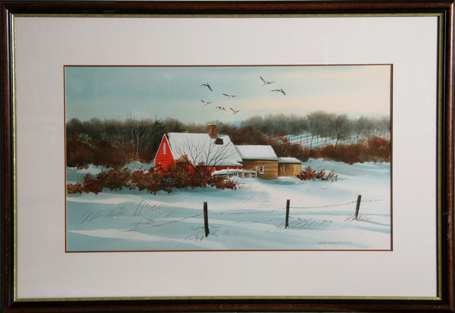 640x440 James Feriola, Red Barn In The Snow, Watercolor Painting - Watercolor Barn Painting