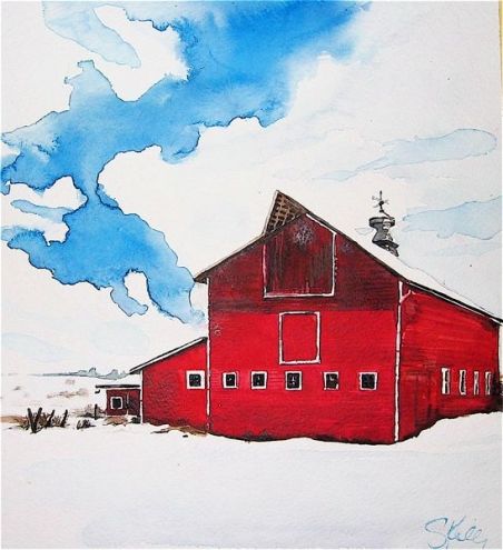 452x495 Red Barn, Blue Sky - Watercolor Barn Painting