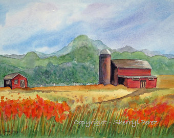 340x270 Red Poppy Painting Etsy - Watercolor Barn Painting