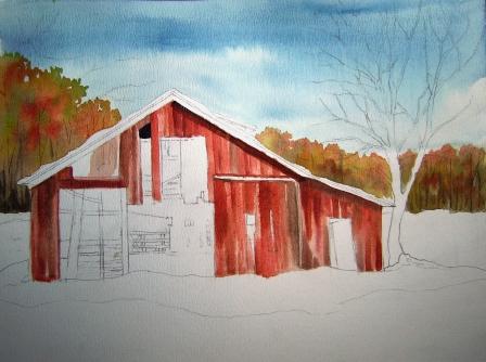 448x334 Watercolor In The Village Falling Down In The Early Snow - Watercolor Barn Painting