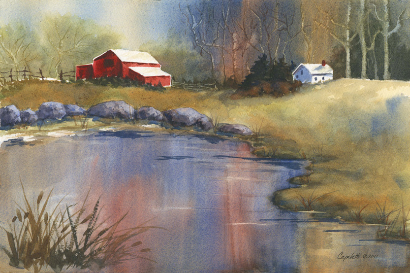 833x554 Country Barn And Lake - Watercolor Barn Painting
