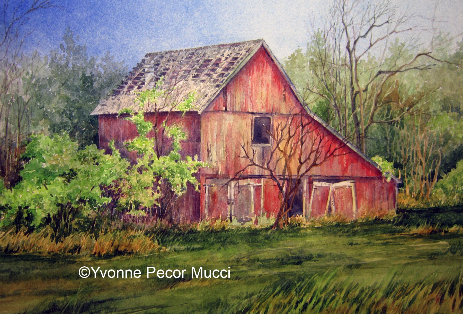 1800x1220 Fading Red Barn Watercolor Yvonne Pecor Mucci - Watercolor Barn Painting