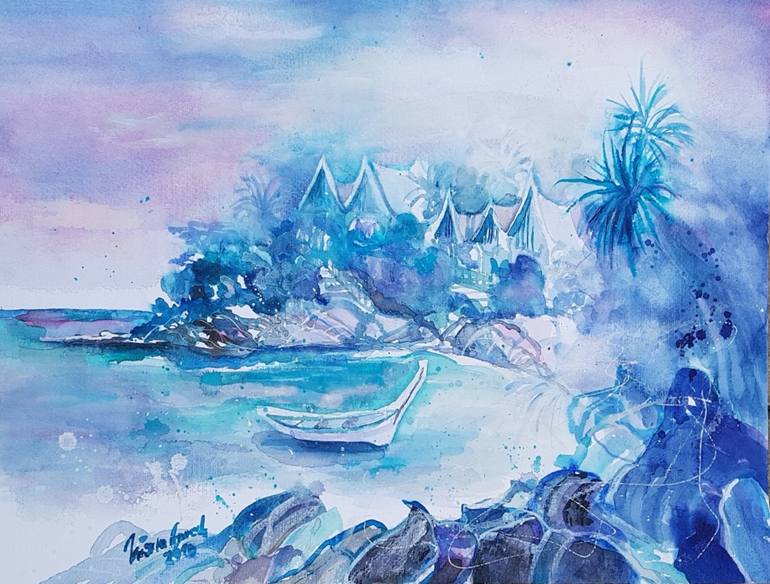 770x584 Saatchi Art Dream Station Paradise Laem Singh Beach In Phuket - Watercolor Beach Painting