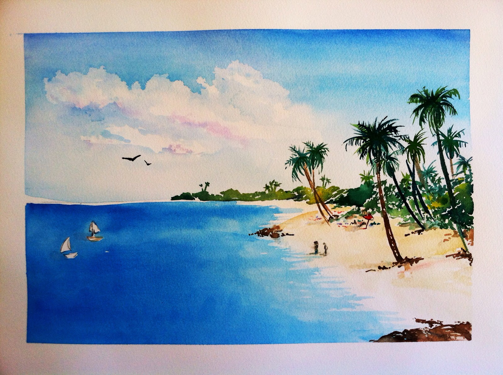 1600x1195 Santa Barbara Fine Art Watercolor Paintings Tropical Beach Scene - Watercolor Beach Painting
