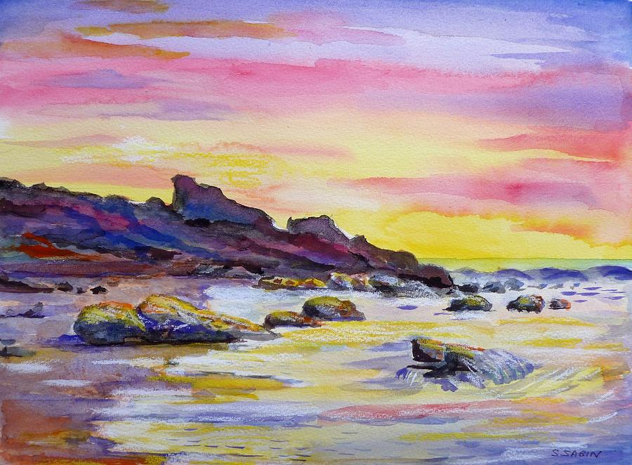 900x662 Sunset Beach Painting By Saga Sabin - Watercolor Beach Painting