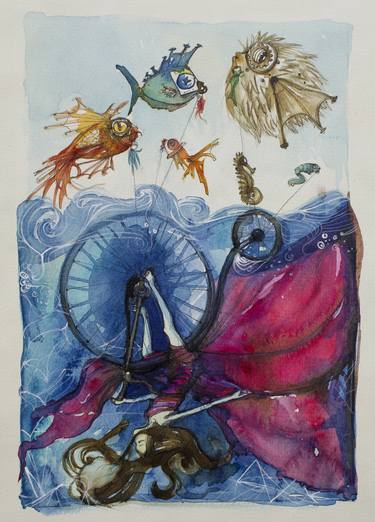 375x522 Original Surrealism Bicycle Watercolor Paintings For Sale - Watercolor Bicycle Painting