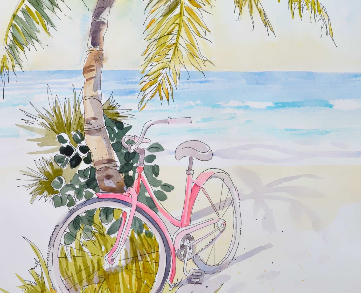 1496x1215 Pink Beach Cruiser - Watercolor Bicycle Painting