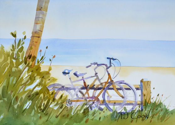 557x400 A Little R And R, Beach Bicycle Painting - Watercolor Bicycle Painting
