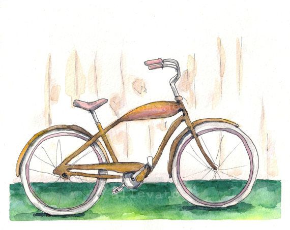 570x453 Yellow Vintage Bike Painting Bicycle Art Retro By Jenniferallevato - Watercolor Bicycle Painting