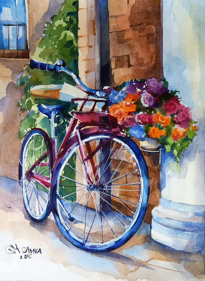 655x900 Bicycle With Flowers Painting By Ganna Melnychenko - Watercolor Bicycle Painting