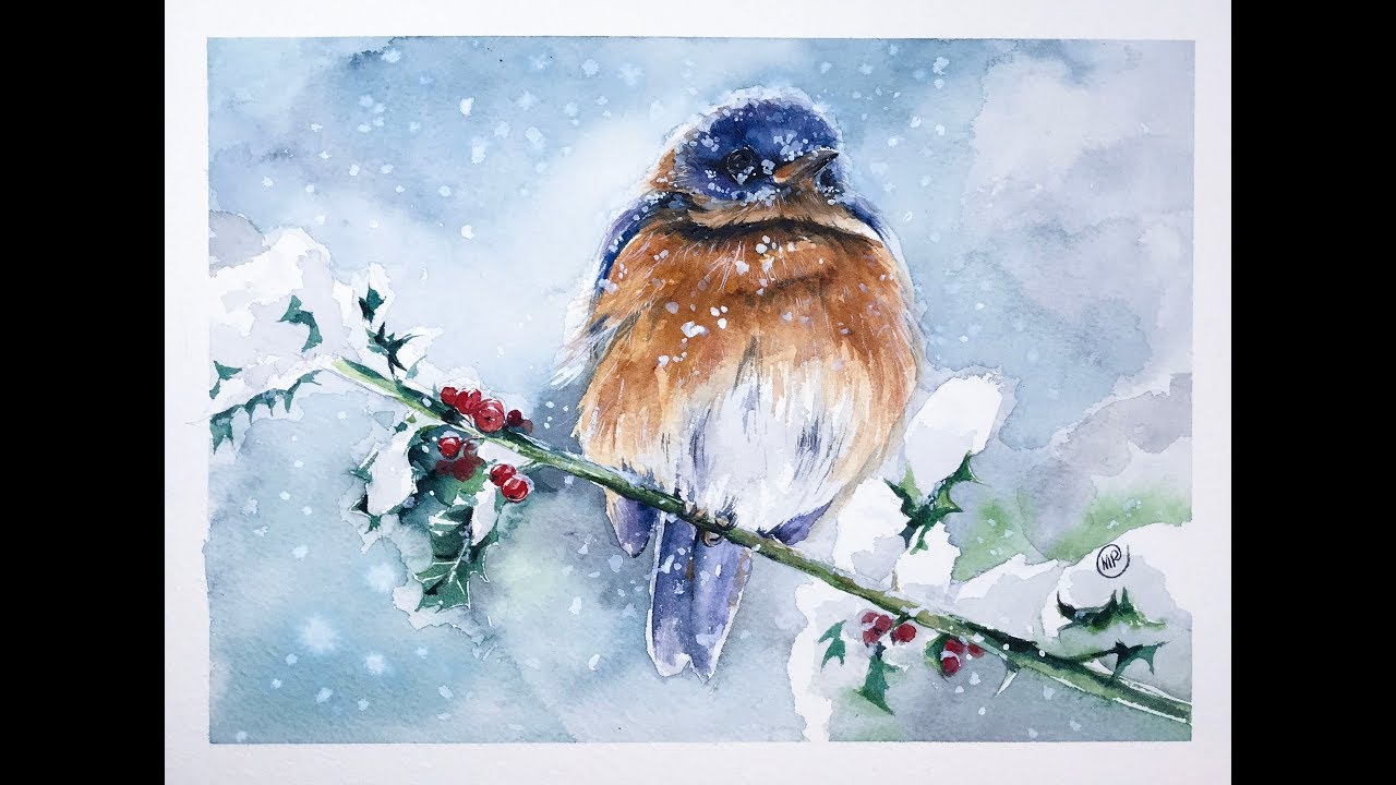 1280x720 Watercolor Bird In A Snow Painting Tutorial - Watercolor Bird Painting