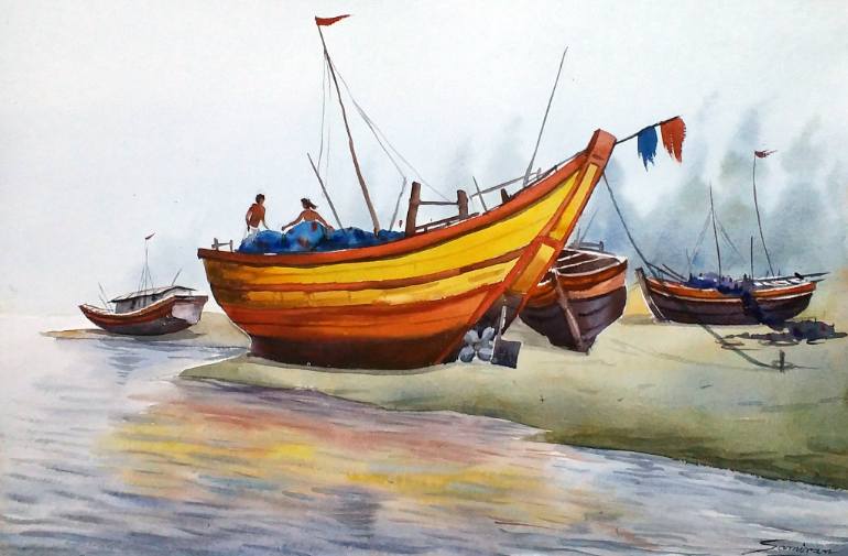 770x505 Saatchi Art Colorful Fishing Boats - Watercolor Boat Painting