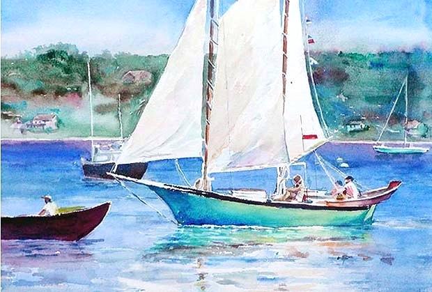 620x419 Watercolor Boat Paintings Beach Scene With Sand Dunes And Old Boat - Watercolor Boat Painting