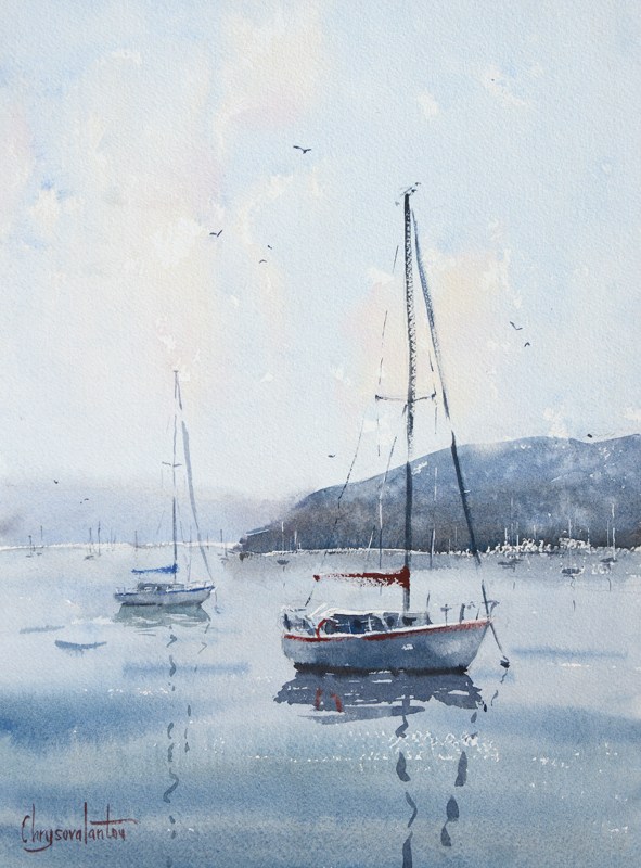 591x800 Boats And Sea Chrysovalantou Mavroudis Watercolour Artist - Watercolor Boat Painting