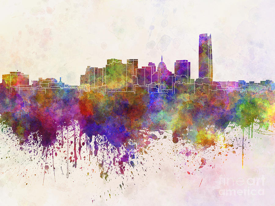 900x675 Oklahoma City Skyline In Watercolor Background Painting By Pablo - Watercolor City Painting