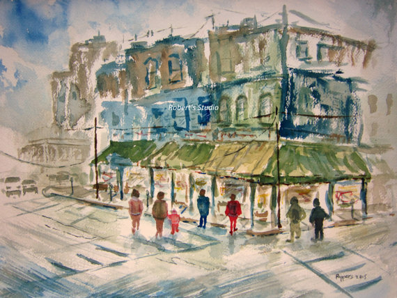 570x428 Original Watercolor Landscape Painting Cityscape Watercolor - Watercolor City Painting