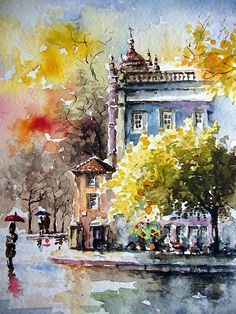 236x314 Prague Towers Painting By Yuriy Shevchuk Towers - Watercolor City Painting