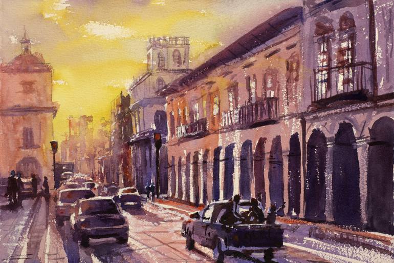 770x513 Saatchi Art Fine Art Watercolor Painting Of Colonial Buildings - Watercolor City Painting