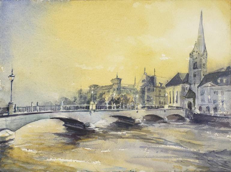 770x574 Saatchi Art Watercolor Painting Of Medieval City Of Zurich - Watercolor City Painting