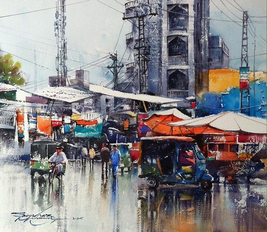 900x783 Untitled, Watercolor On Paper Cityscape By Sarfraz Musawir - Watercolor City Painting