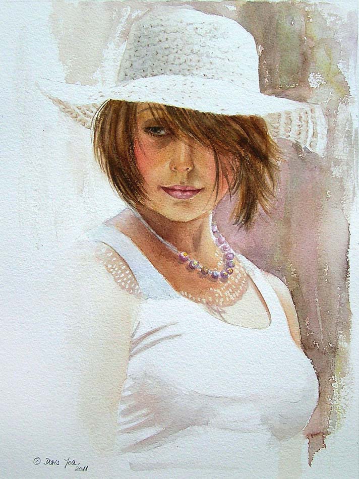 712x950 Portrait Of A Girl With White Hat - Watercolor Face Painting