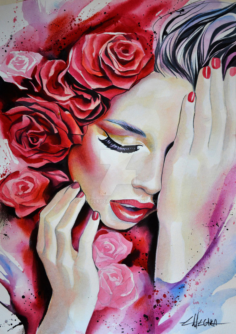 751x1064 Roses Watercolor Portrait Painting By Ellectra By Dnellectra - Watercolor Face Painting