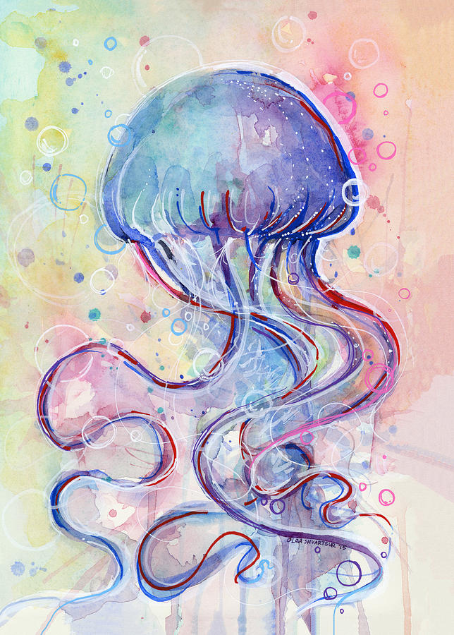 644x900 Jelly Fish Watercolor Painting By Olga Shvartsur - Watercolor Fish Painting