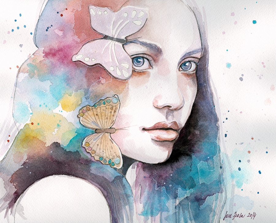 900x727 Lady With A Butterfly, Watercolor Study By Jane Beata - Watercolor Girl Painting